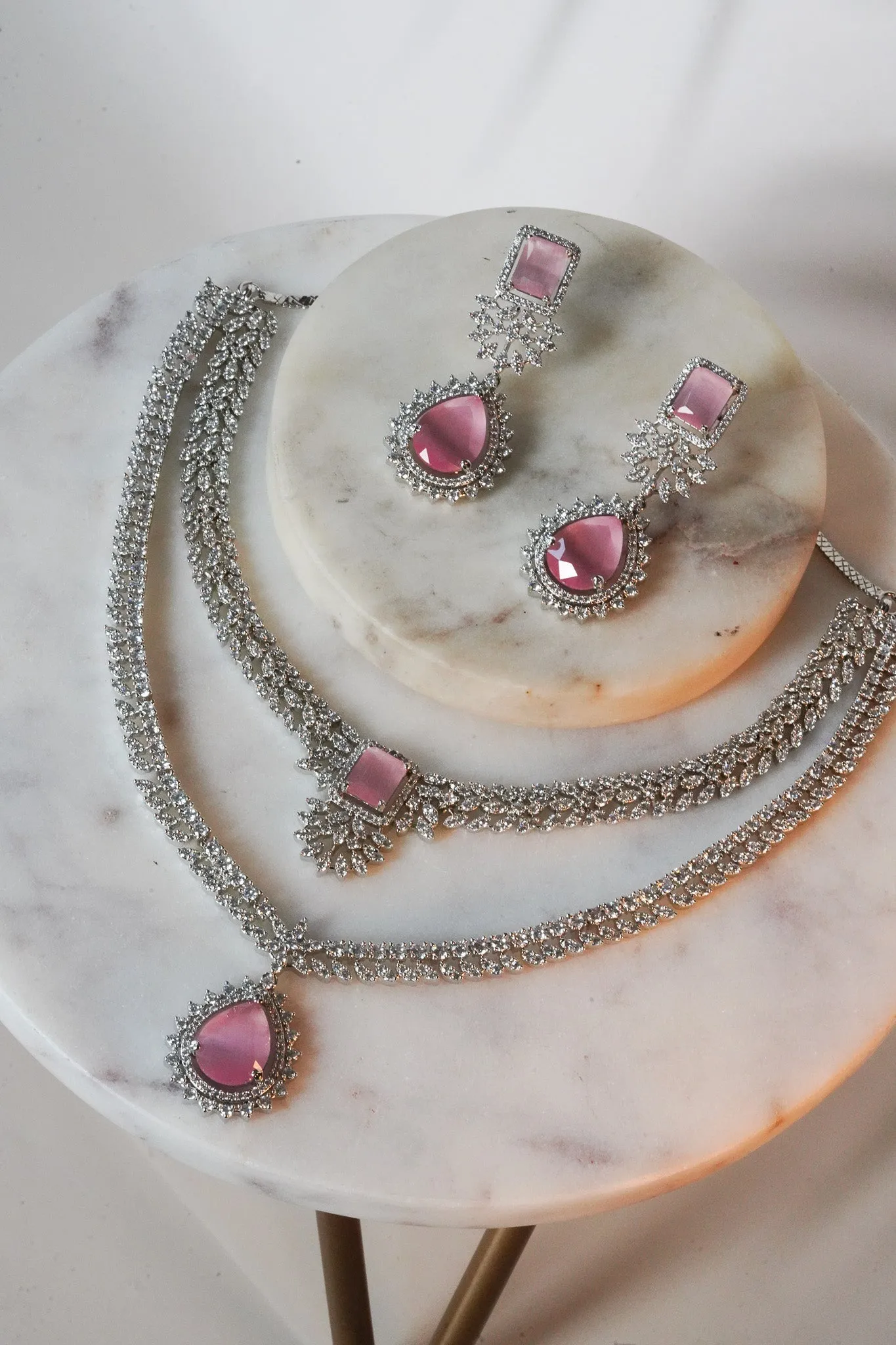 Amore - Rhodium Plated Double Layer AD Necklace Set