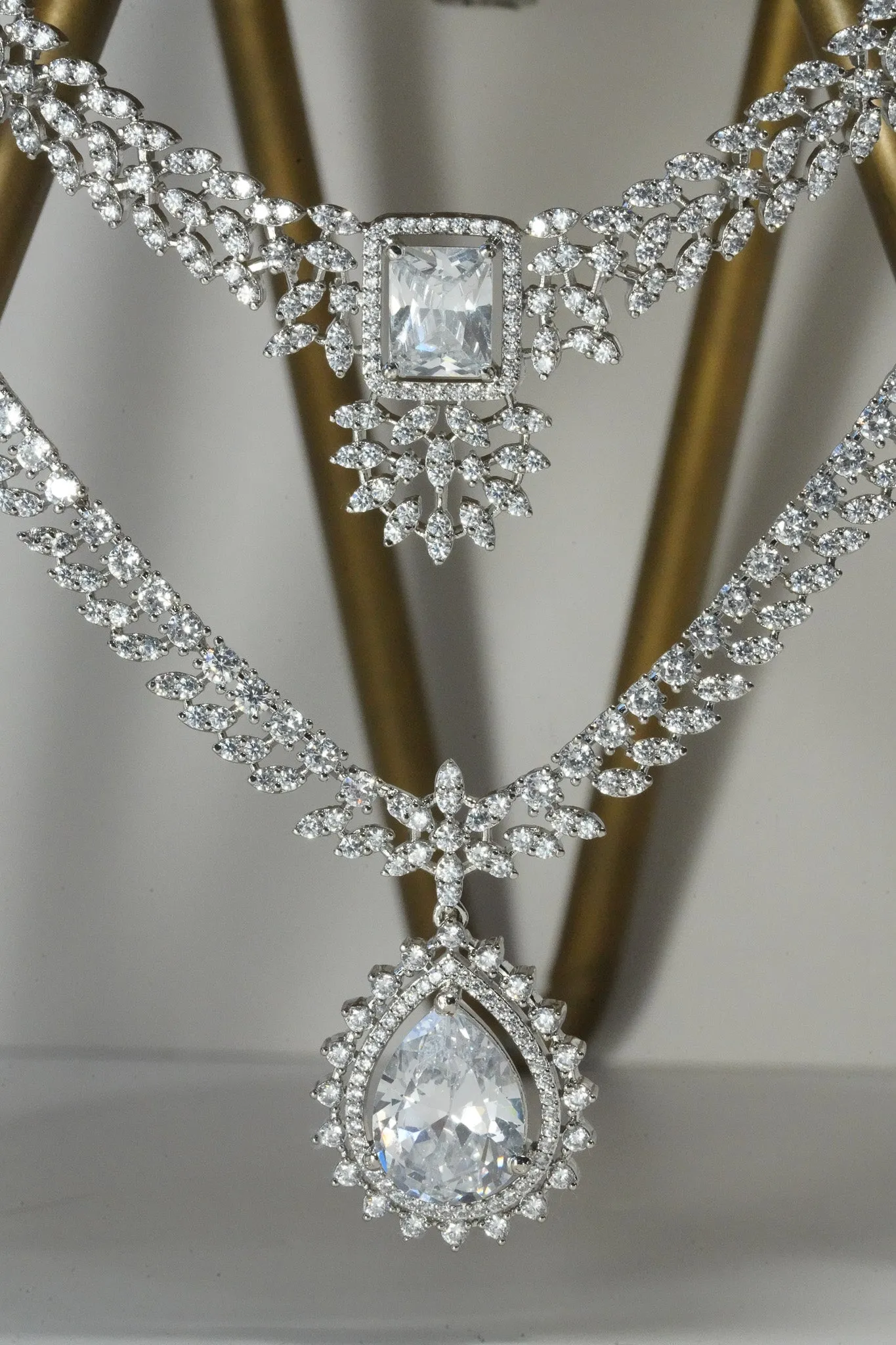 Amore - Rhodium Plated Double Layer AD Necklace Set
