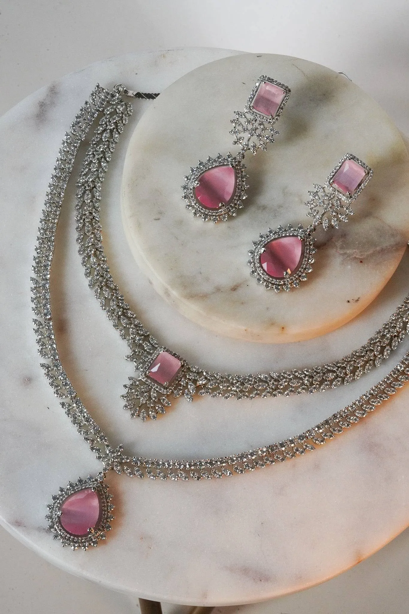 Amore - Rhodium Plated Double Layer AD Necklace Set