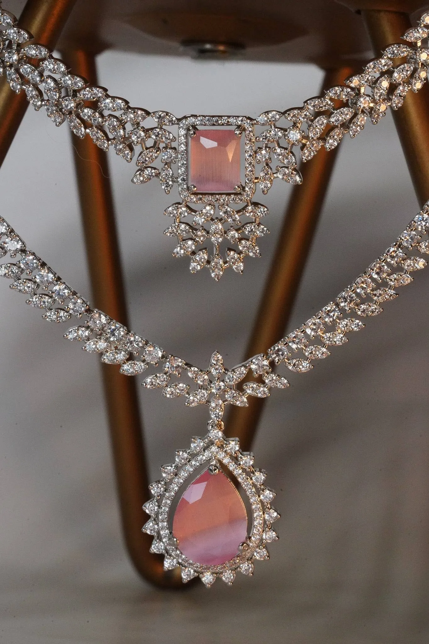 Amore - Rhodium Plated Double Layer AD Necklace Set