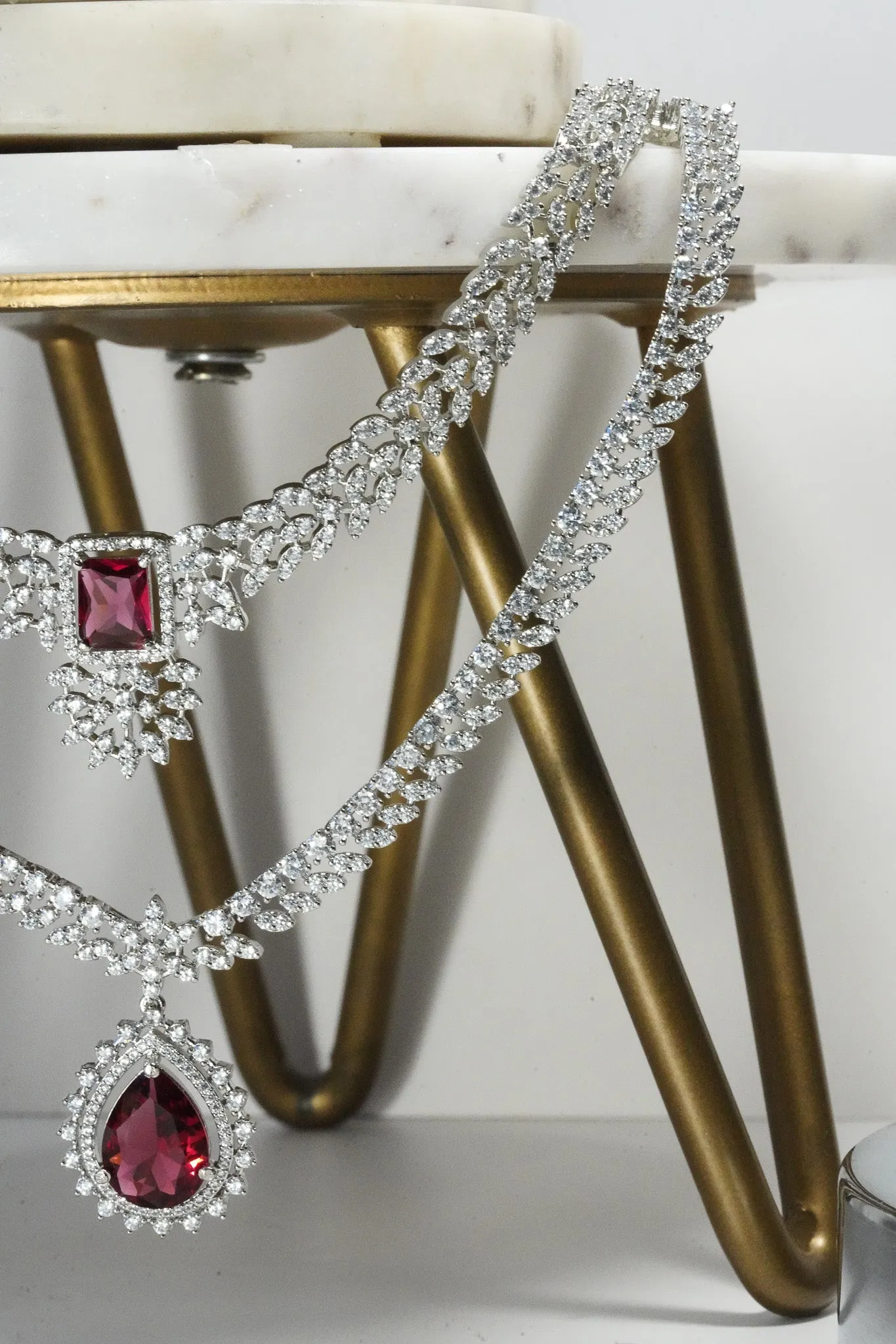 Amore - Rhodium Plated Double Layer AD Necklace Set