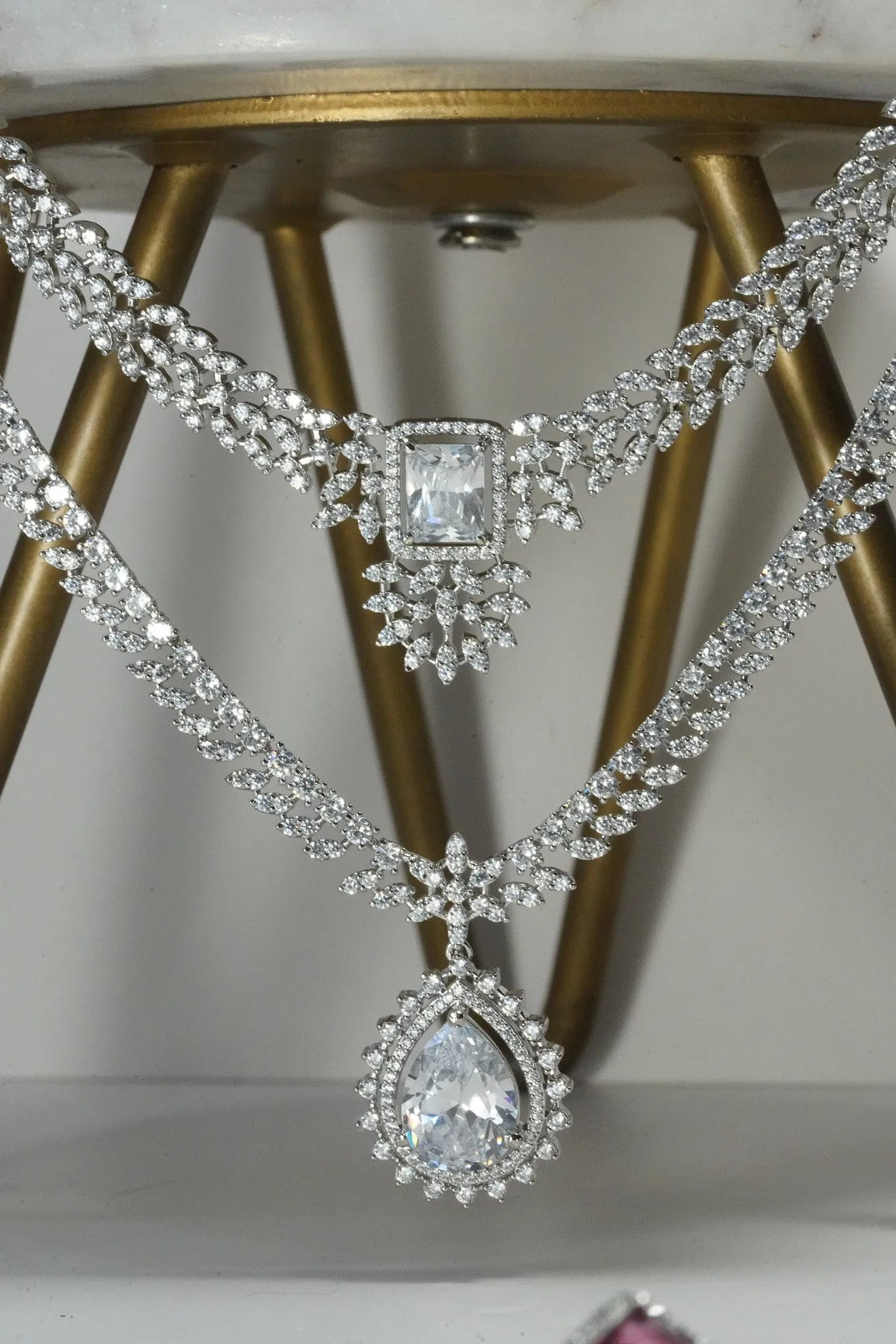 Amore - Rhodium Plated Double Layer AD Necklace Set