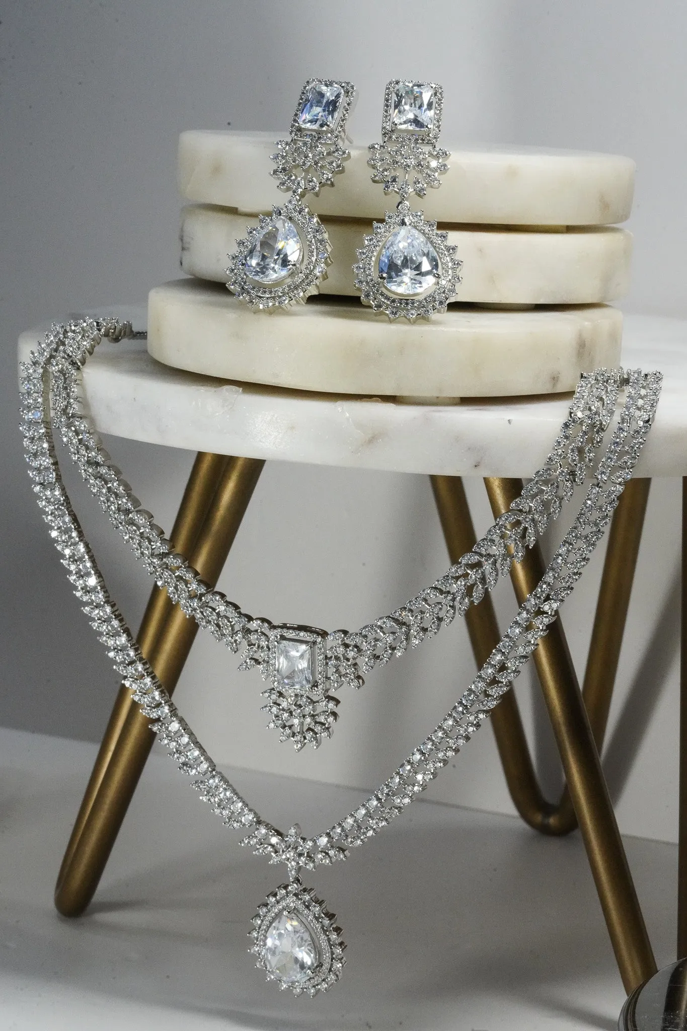 Amore - Rhodium Plated Double Layer AD Necklace Set