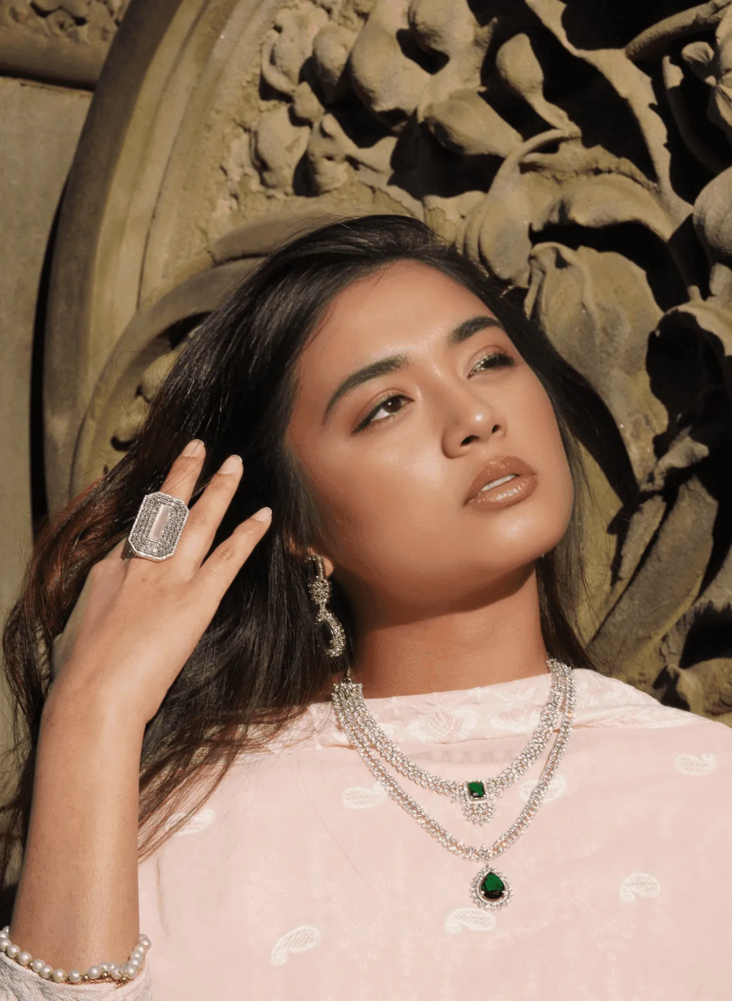 Amore - Rhodium Plated Double Layer AD Necklace Set