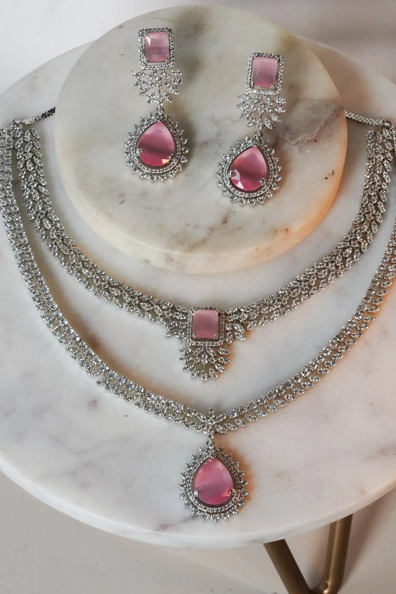Amore - Rhodium Plated Double Layer AD Necklace Set