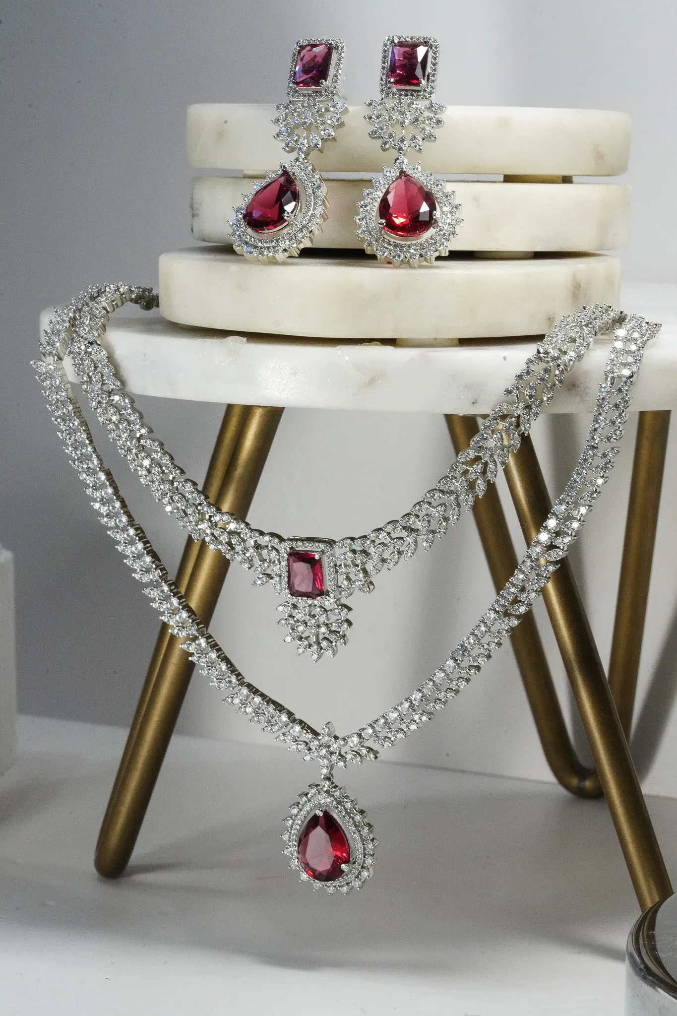 Amore - Rhodium Plated Double Layer AD Necklace Set