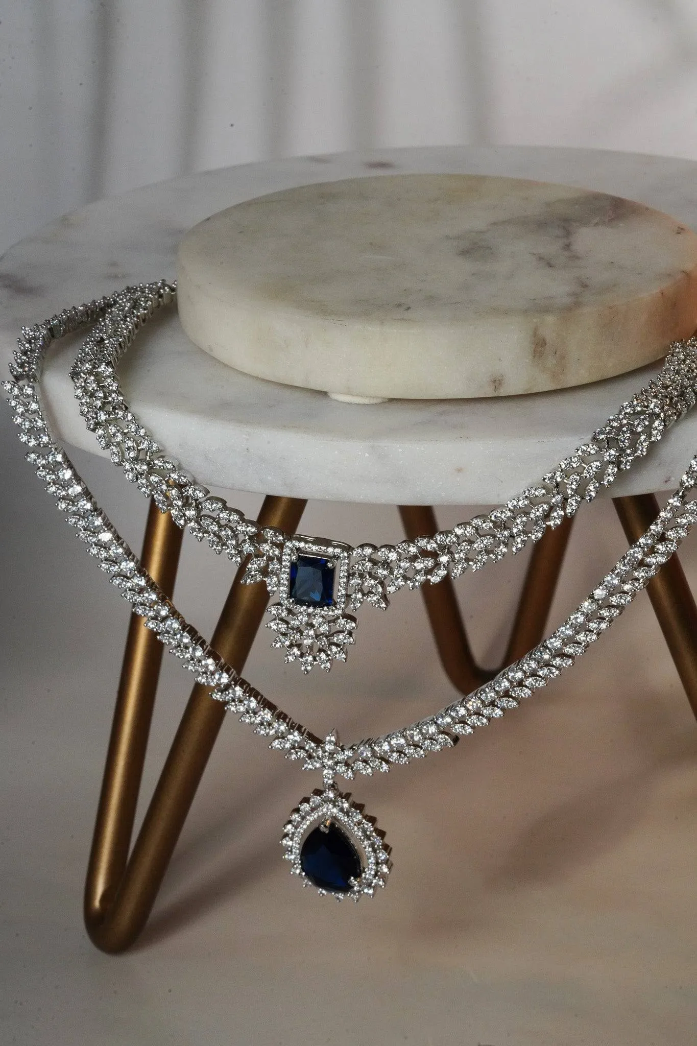 Amore - Rhodium Plated Double Layer AD Necklace Set