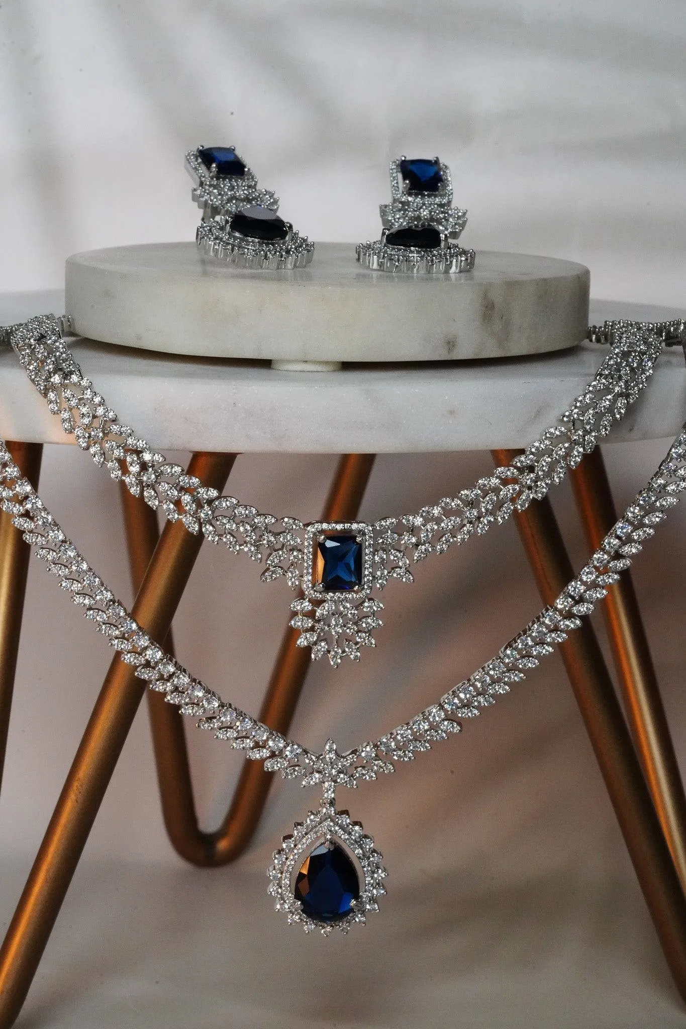 Amore - Rhodium Plated Double Layer AD Necklace Set