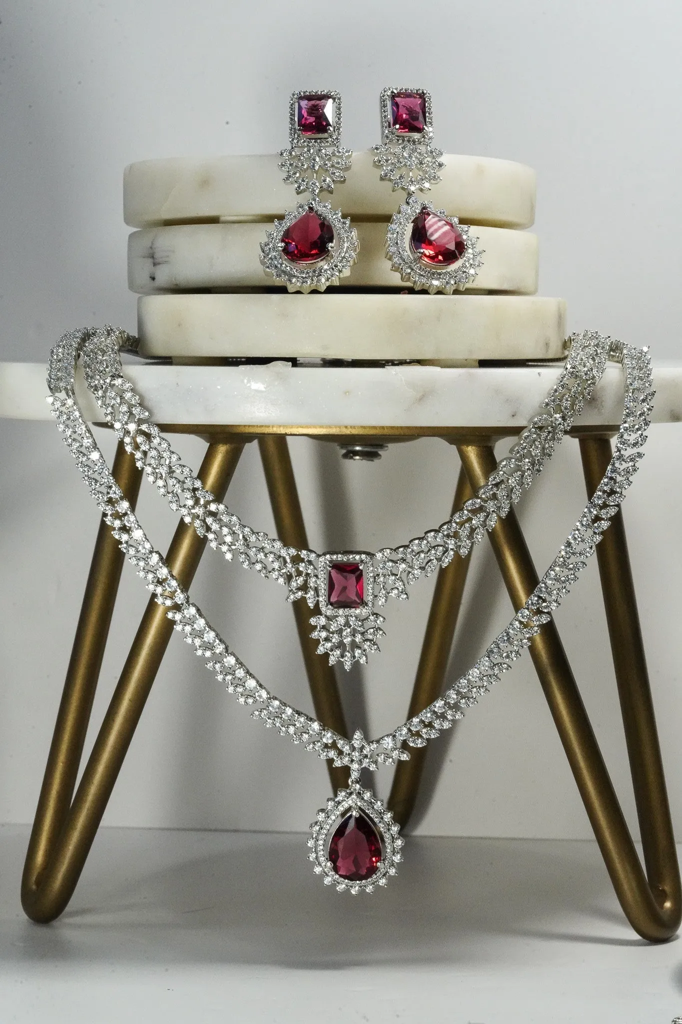 Amore - Rhodium Plated Double Layer AD Necklace Set