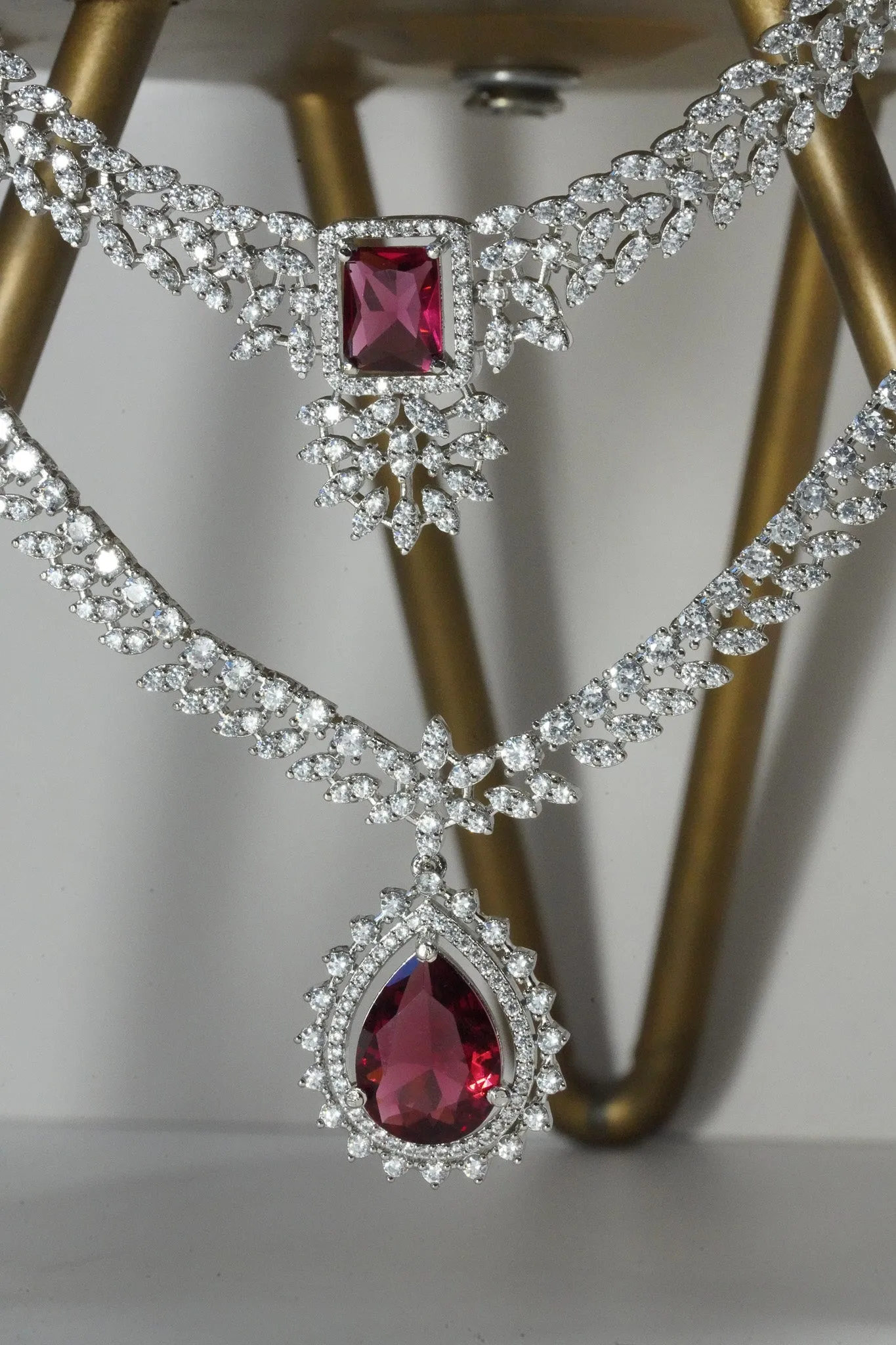 Amore - Rhodium Plated Double Layer AD Necklace Set