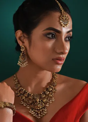 Antique Gold Plated And Pearl Drop Temple Necklace Set