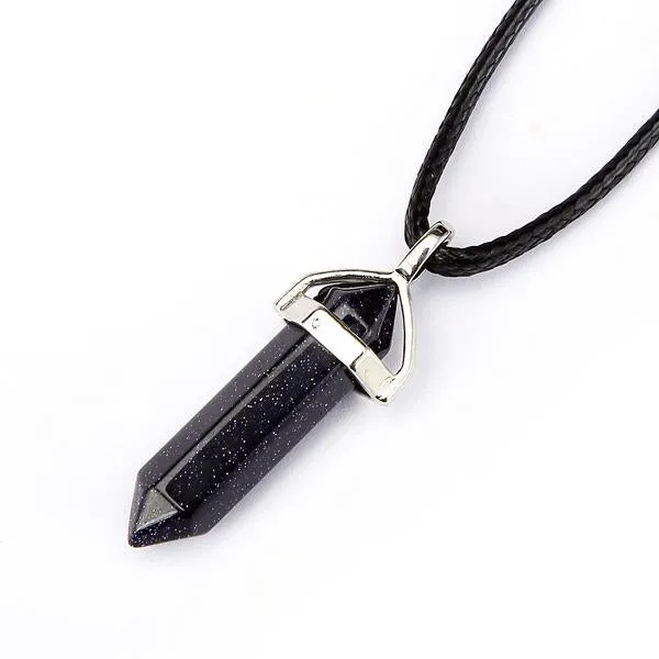 Blue Sand Goldstone Pendulum Pendant Healing Point Size 40x8mm Silver Leather Cord