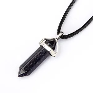 Blue Sand Goldstone Pendulum Pendant Healing Point Size 40x8mm Silver Leather Cord