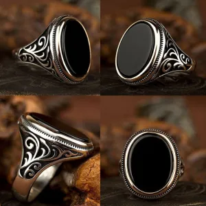 Chicmy-Craved Pattern Black Egg-shaped Crystal Silver Color Ring