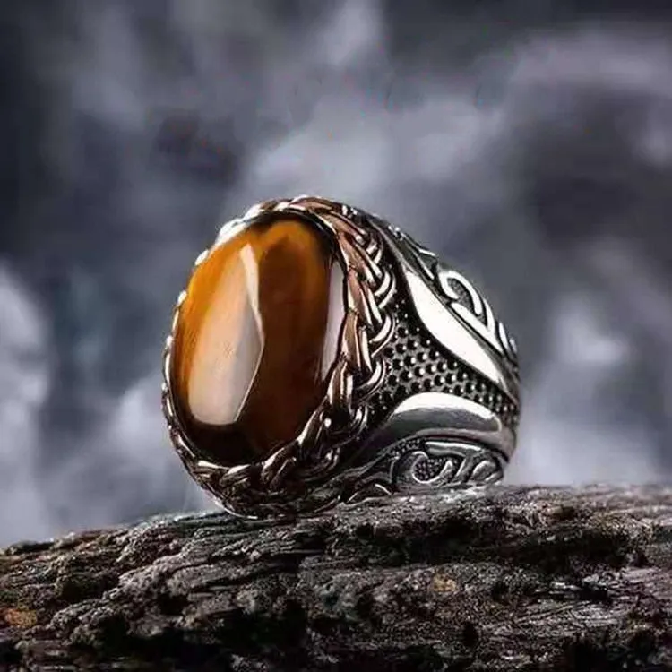 Chicmy-Craved Pattern Black Egg-shaped Crystal Silver Color Ring