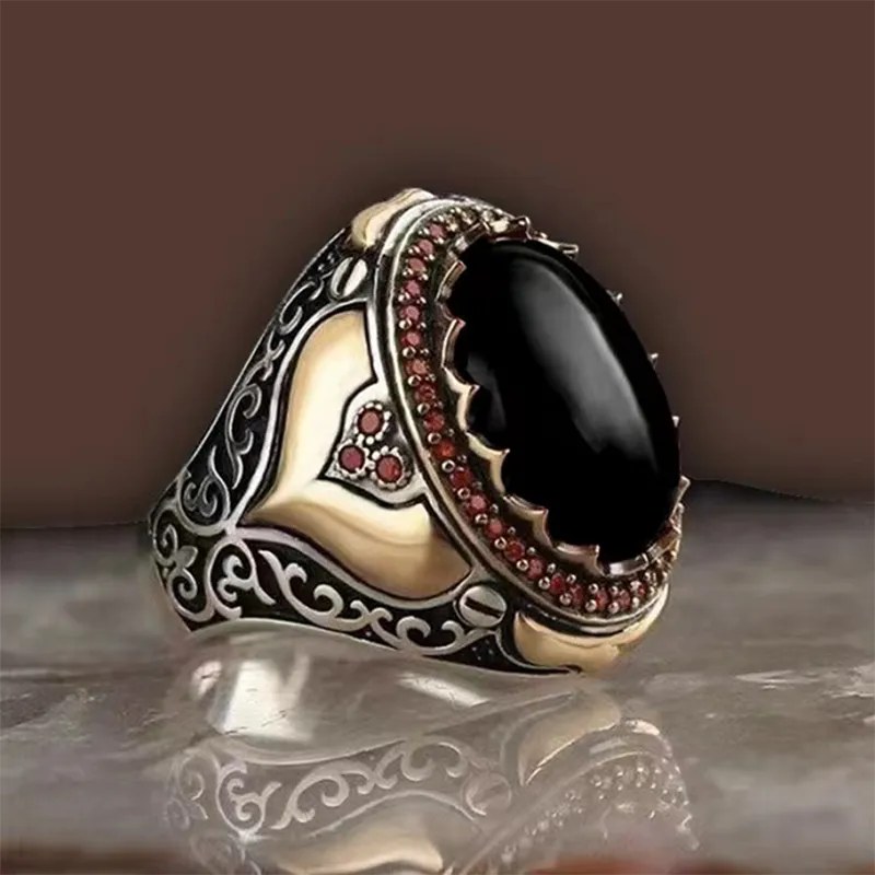 Chicmy-Craved Pattern Black Egg-shaped Crystal Silver Color Ring