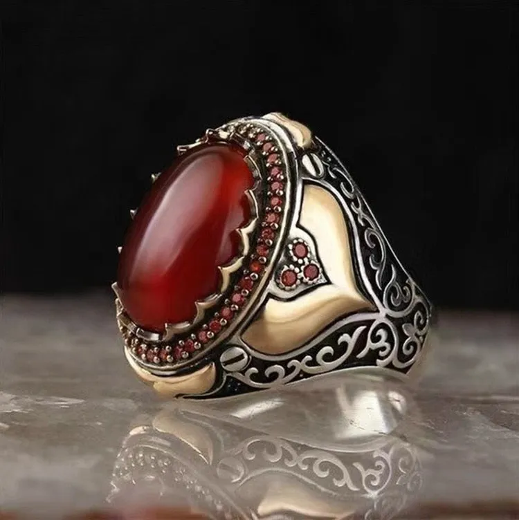 Chicmy-Craved Pattern Black Egg-shaped Crystal Silver Color Ring