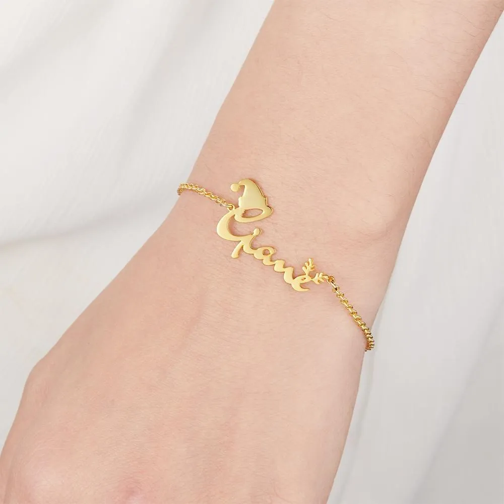 Christmas Gifts Custom Name Bracelet with Christmas Hat and Antlers Perfect Gift 14k Gold Plated