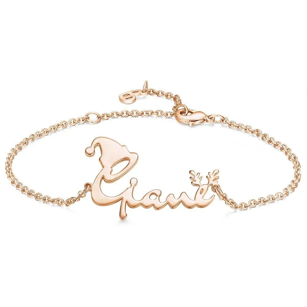 Christmas Gifts Custom Name Bracelet with Christmas Hat and Antlers Perfect Gift 14k Gold Plated