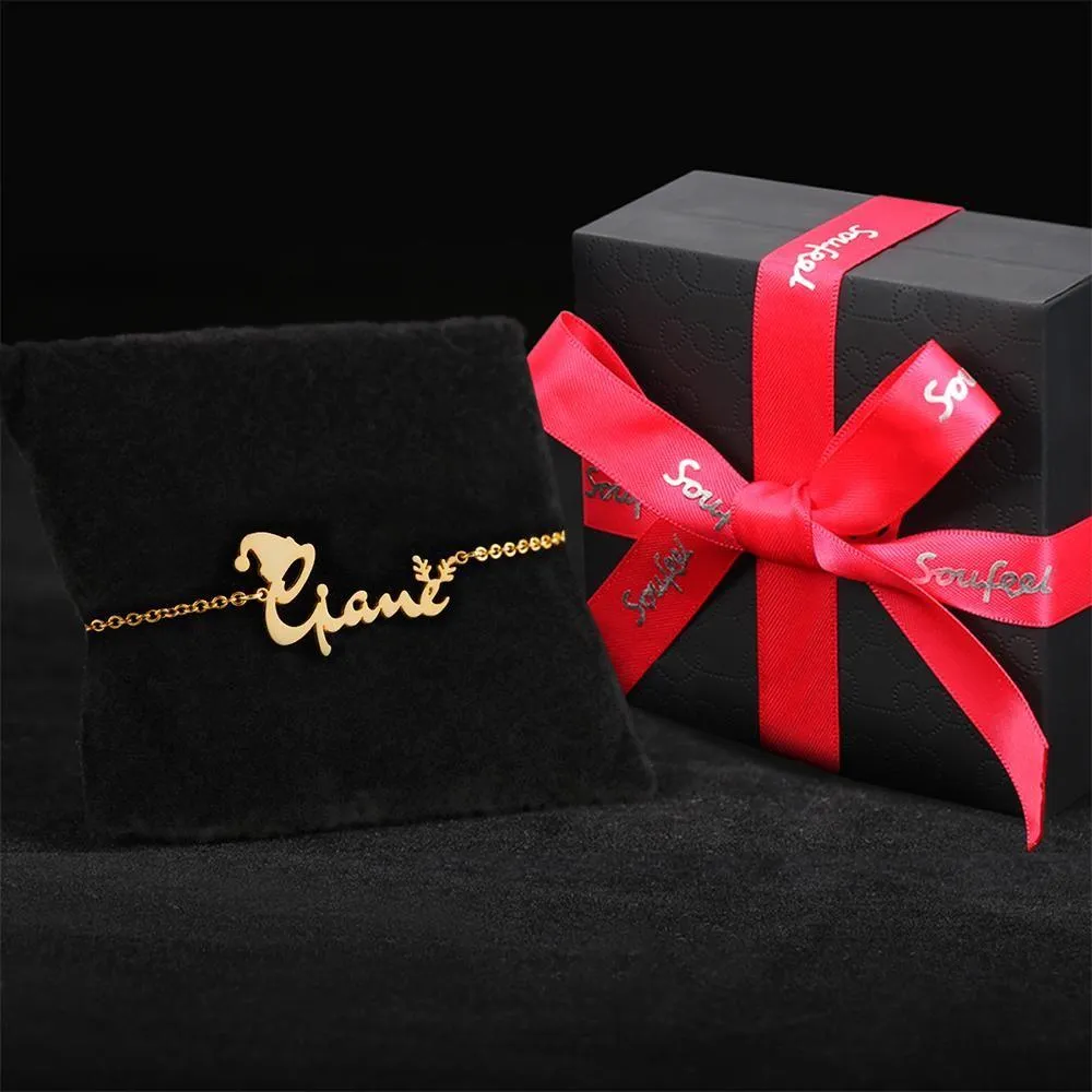 Christmas Gifts Custom Name Bracelet with Christmas Hat and Antlers Perfect Gift 14k Gold Plated