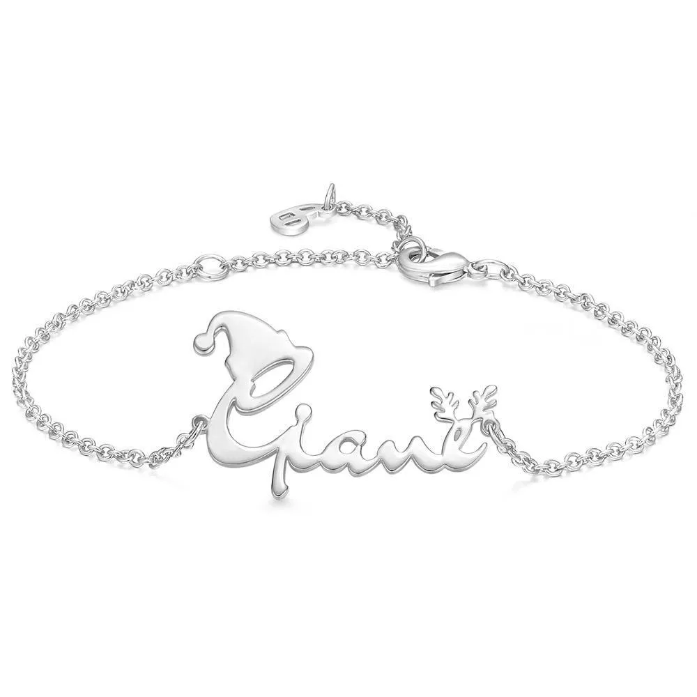 Christmas Gifts Custom Name Bracelet with Christmas Hat and Antlers Perfect Gift 14k Gold Plated