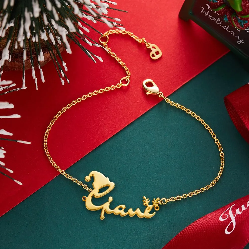 Christmas Gifts Custom Name Bracelet with Christmas Hat and Antlers Perfect Gift 14k Gold Plated