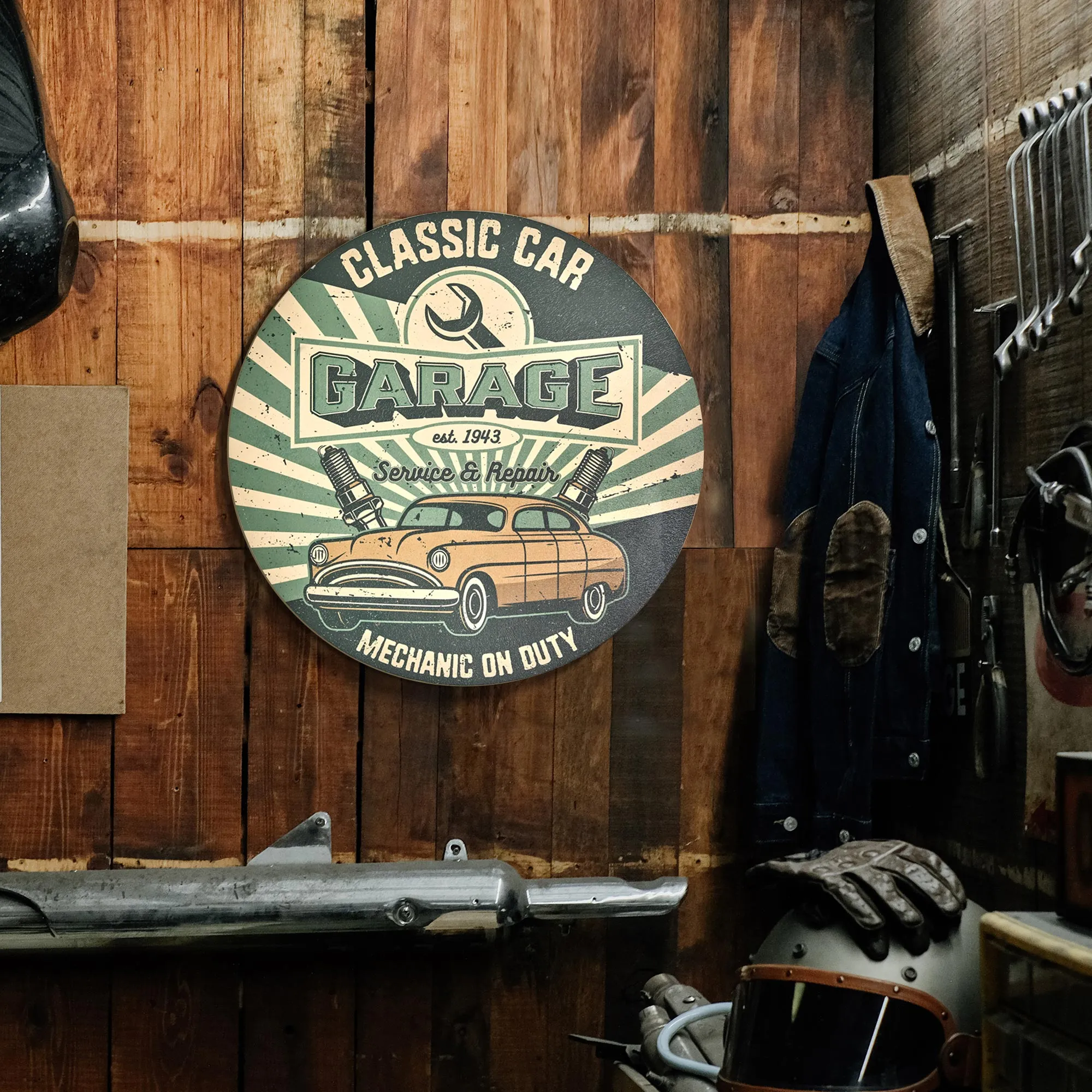 Classic Car Garage Round MDF Wall Plaque - 20" x 20" x 0.35"