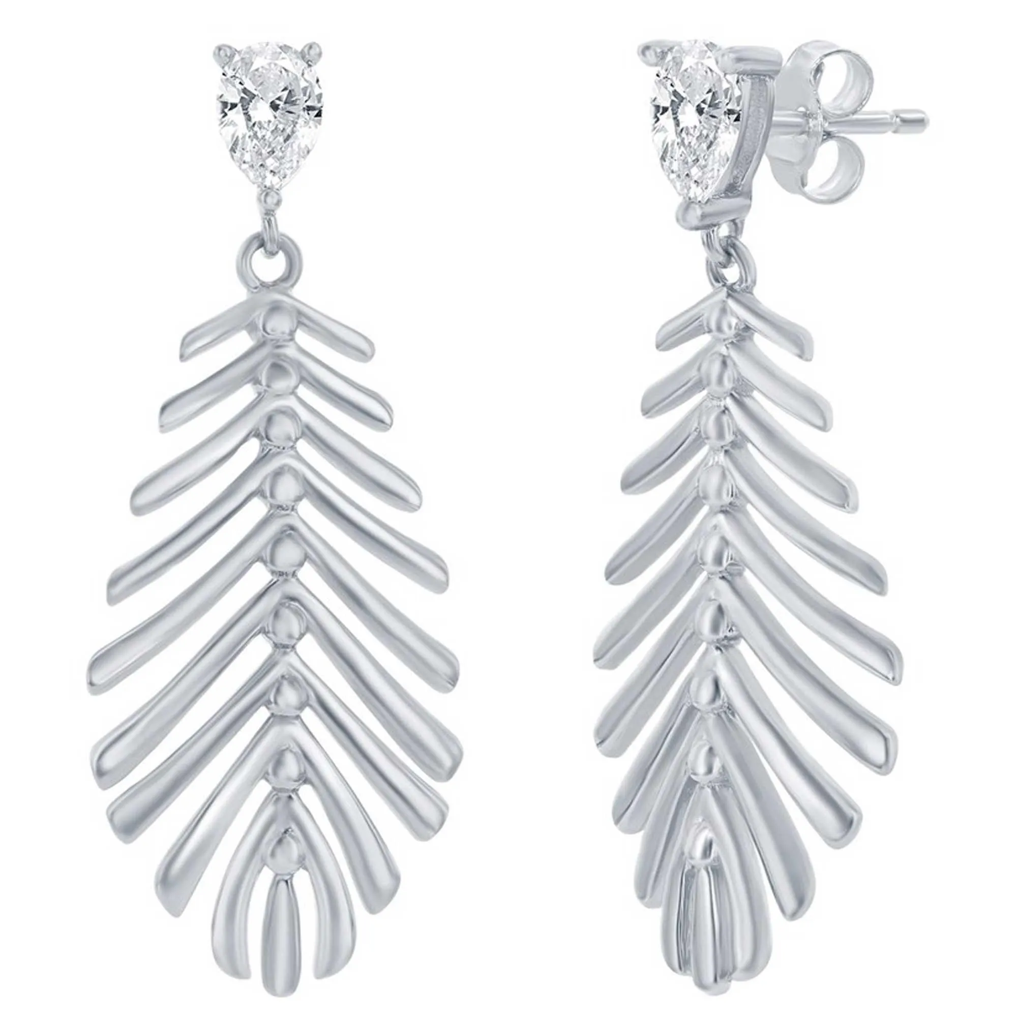 Classic Women's Dangle Earrings - SS Cut-Out Leaf with Small Pear-shaped CZ | D-8408