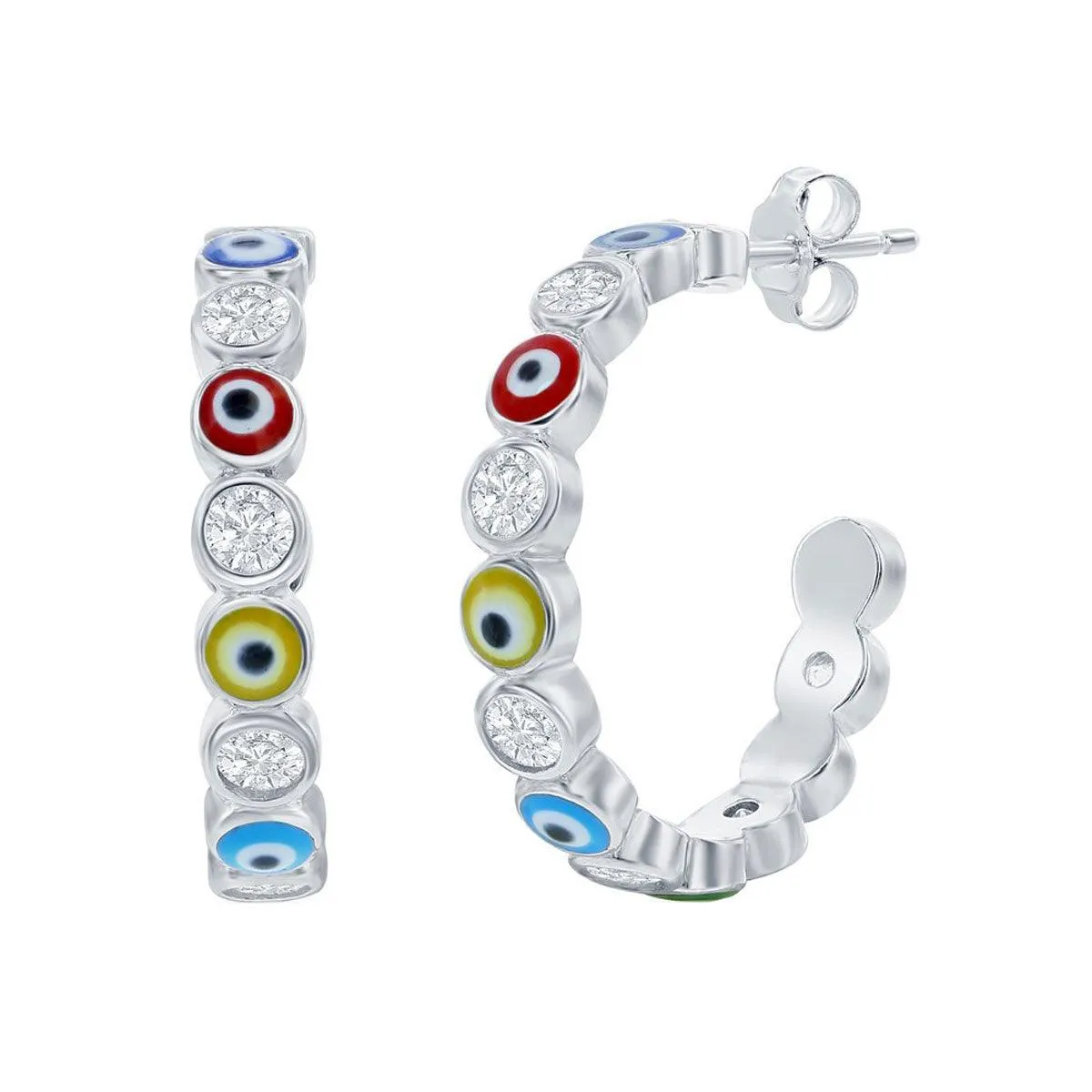 Classic Women's Earrings - Alternating CZ and Multicolor Enamel Evil Eye Hoop | D-8353