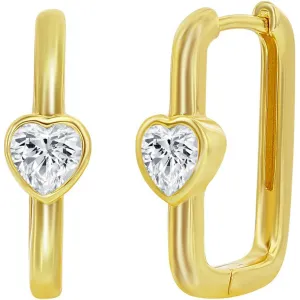 Classic Women's Earrings - Gold Plated CZ Heart Shaped Rectangle Hinged | D-8216-GP