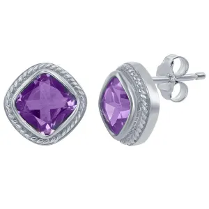 Classic Women's Earrings - Sterling Amethyst Gemstone Small Square Designed | D-3929