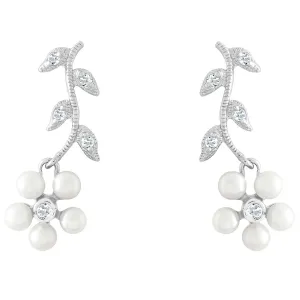 Classic Women's Earrings - Sterling Pearl Flowers and Clear CZ Leaves | D-2268