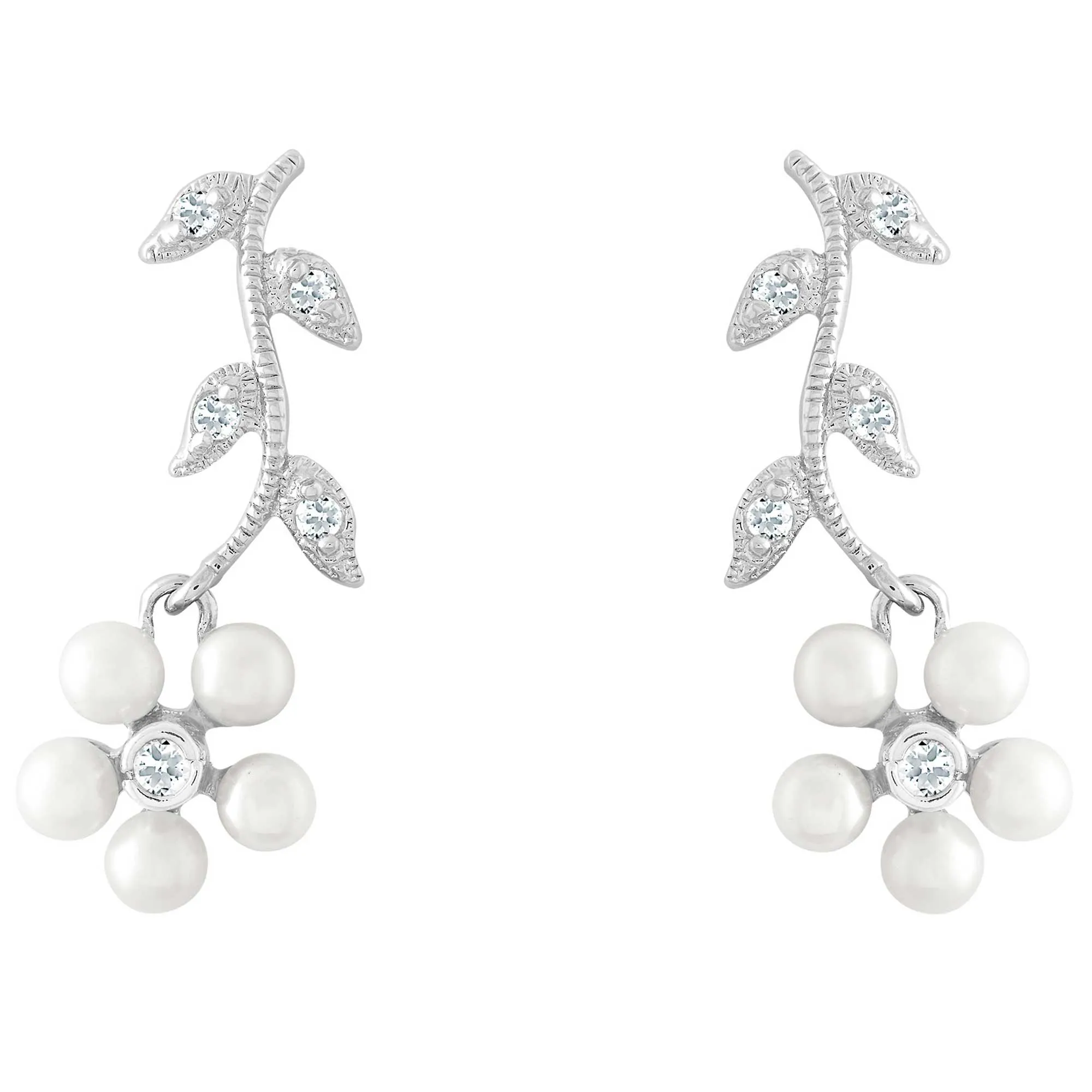 Classic Women's Earrings - Sterling Pearl Flowers and Clear CZ Leaves | D-2268