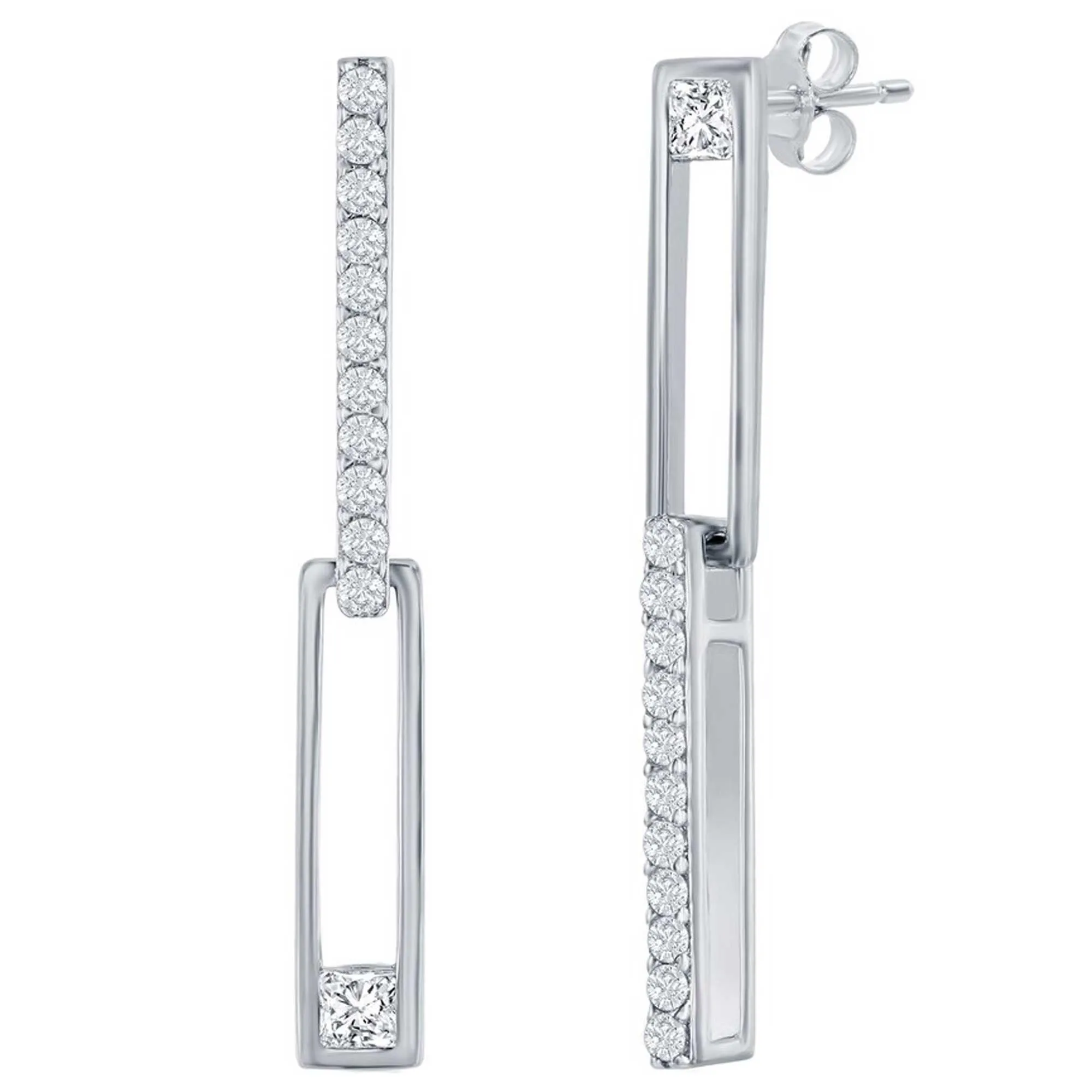 Classic Women's Earrings - Sterling Silver Asymmetric Paperclip CZ | D-8387