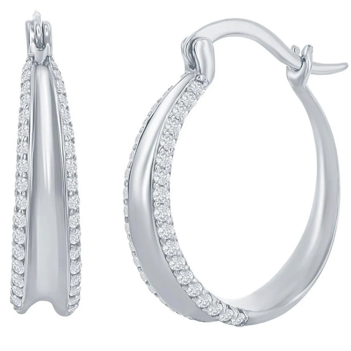Classic Women's Earrings - Sterling Silver Double CZ Hoop Hinged Closure | D-7849
