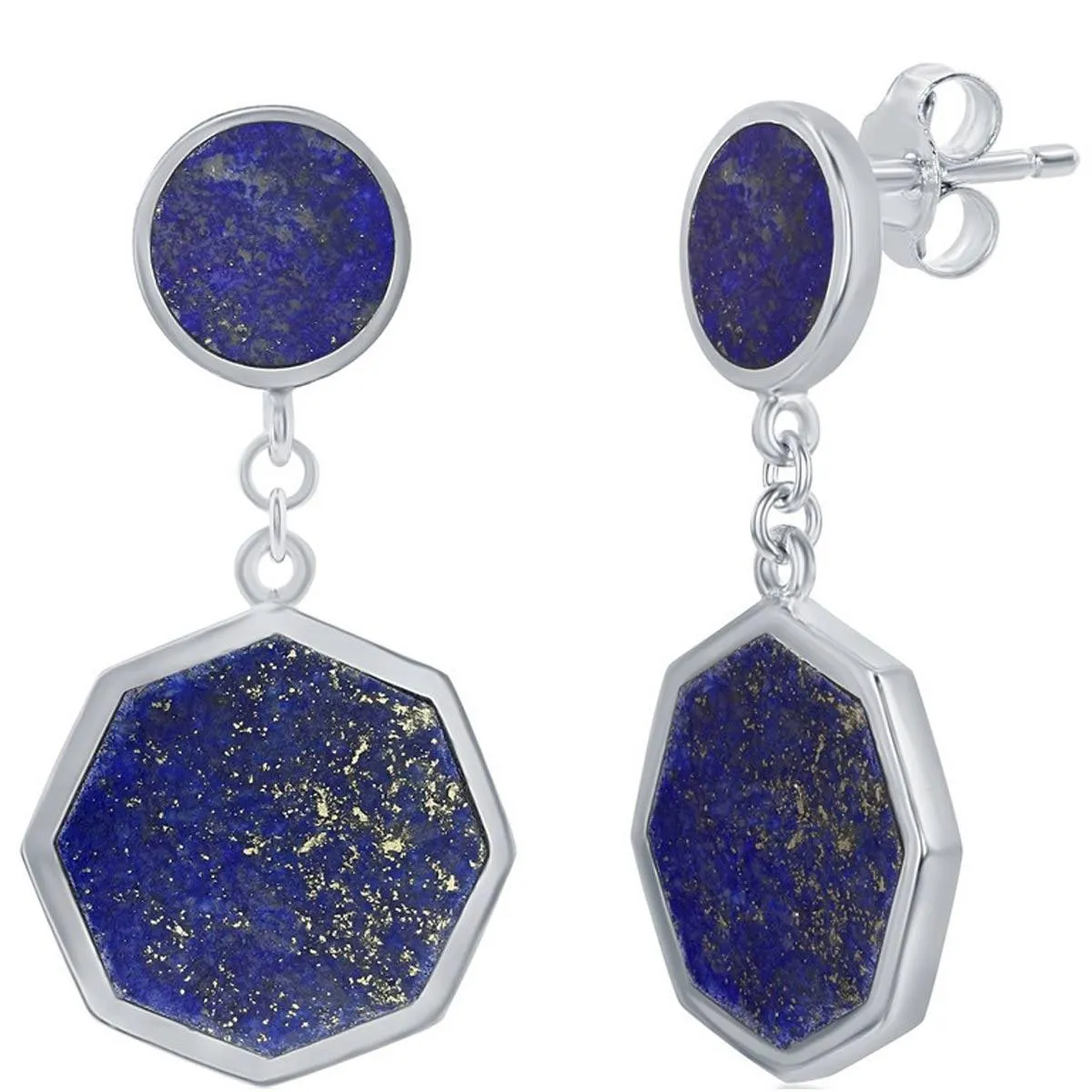 Classic Women's Earrings - Sterling Silver Round and Hexagon Shaped Lapis | D-7812