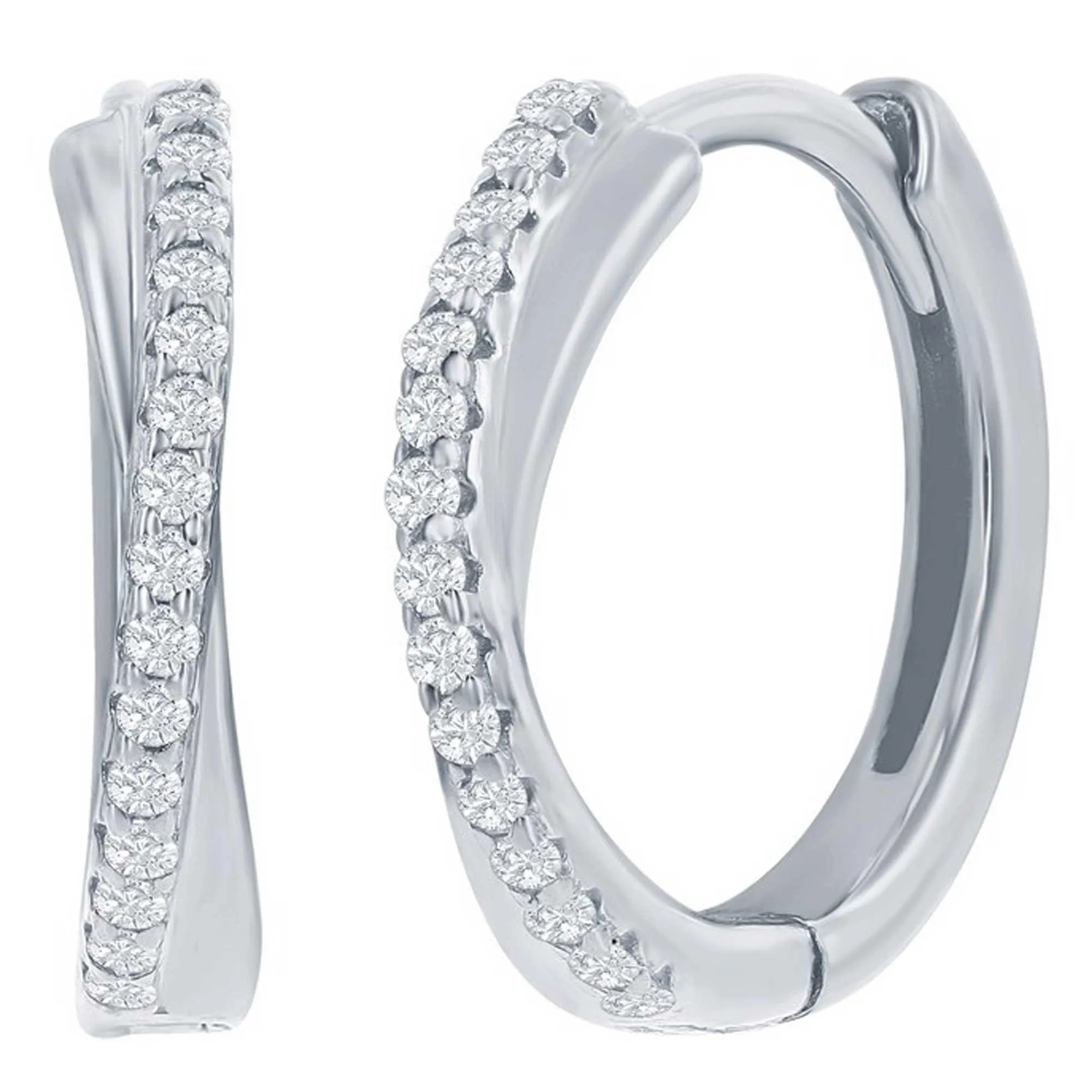 Classic Women's Earrings - Sterling Silver 'X' Design CZ 15mm Huggie Hoop | D-8324