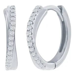 Classic Women's Earrings - Sterling Silver 'X' Design CZ 15mm Huggie Hoop | D-8324
