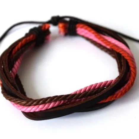colorful rope and brown leather wrap bracelet