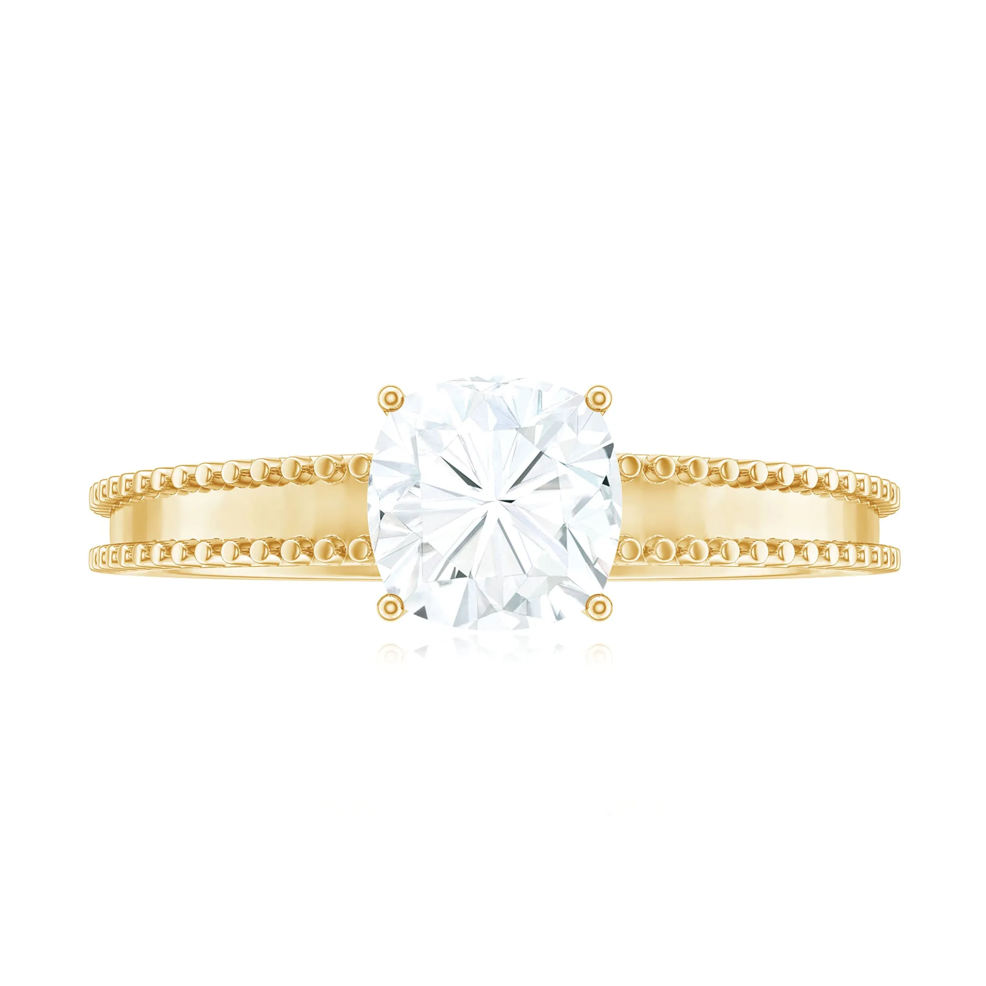 Cushion Cut Moissanite Solitaire Ring with Beaded