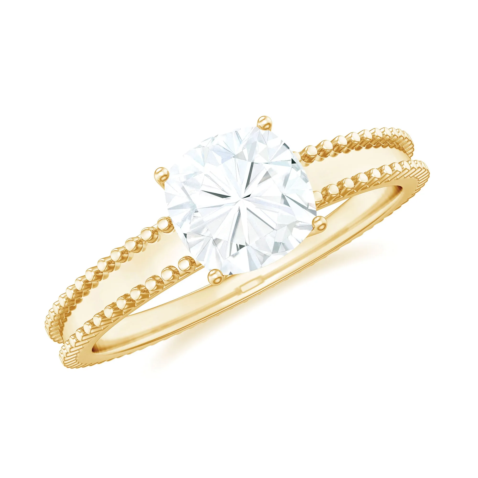 Cushion Cut Moissanite Solitaire Ring with Beaded