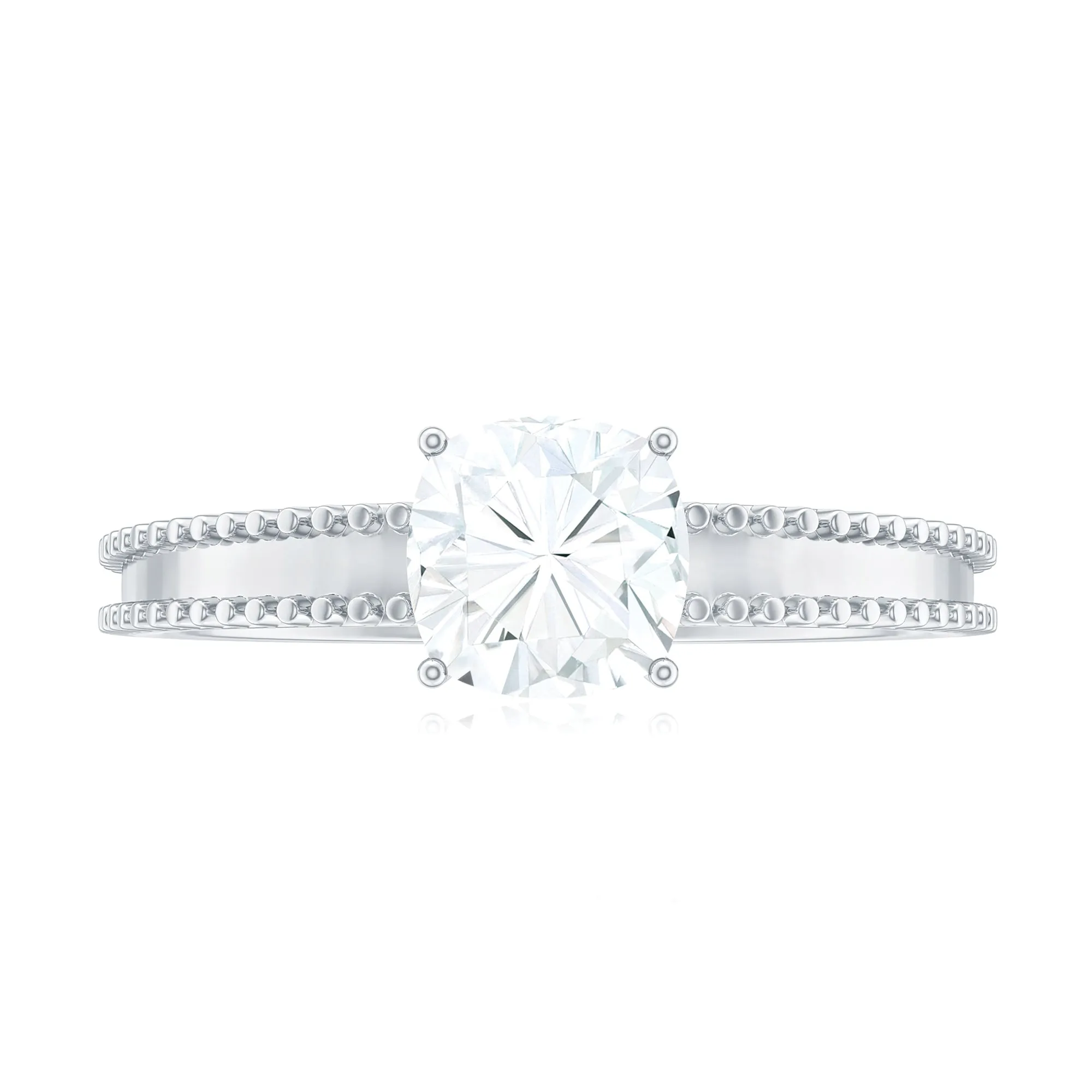 Cushion Cut Moissanite Solitaire Ring with Beaded