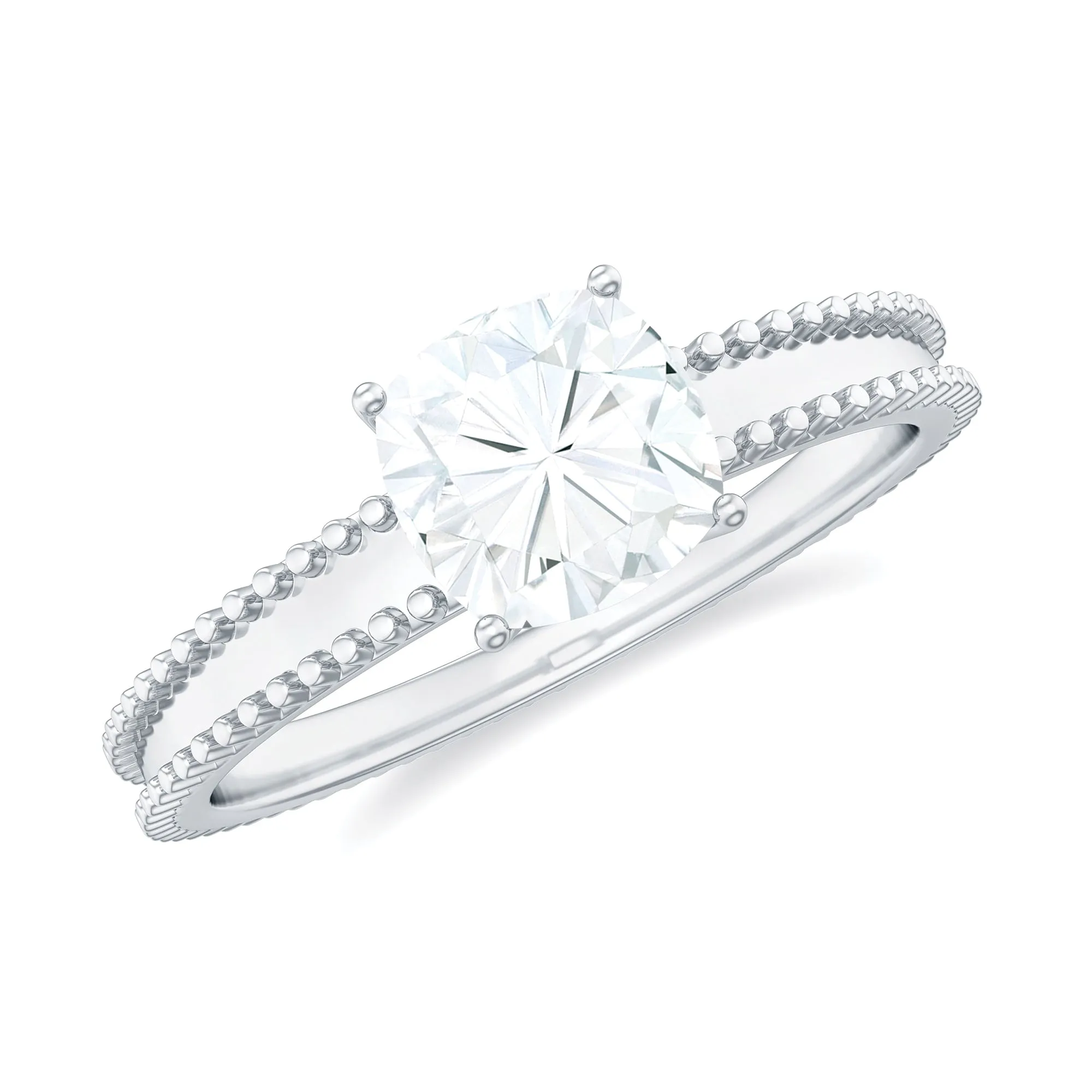 Cushion Cut Moissanite Solitaire Ring with Beaded