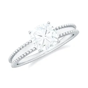 Cushion Cut Moissanite Solitaire Ring with Beaded