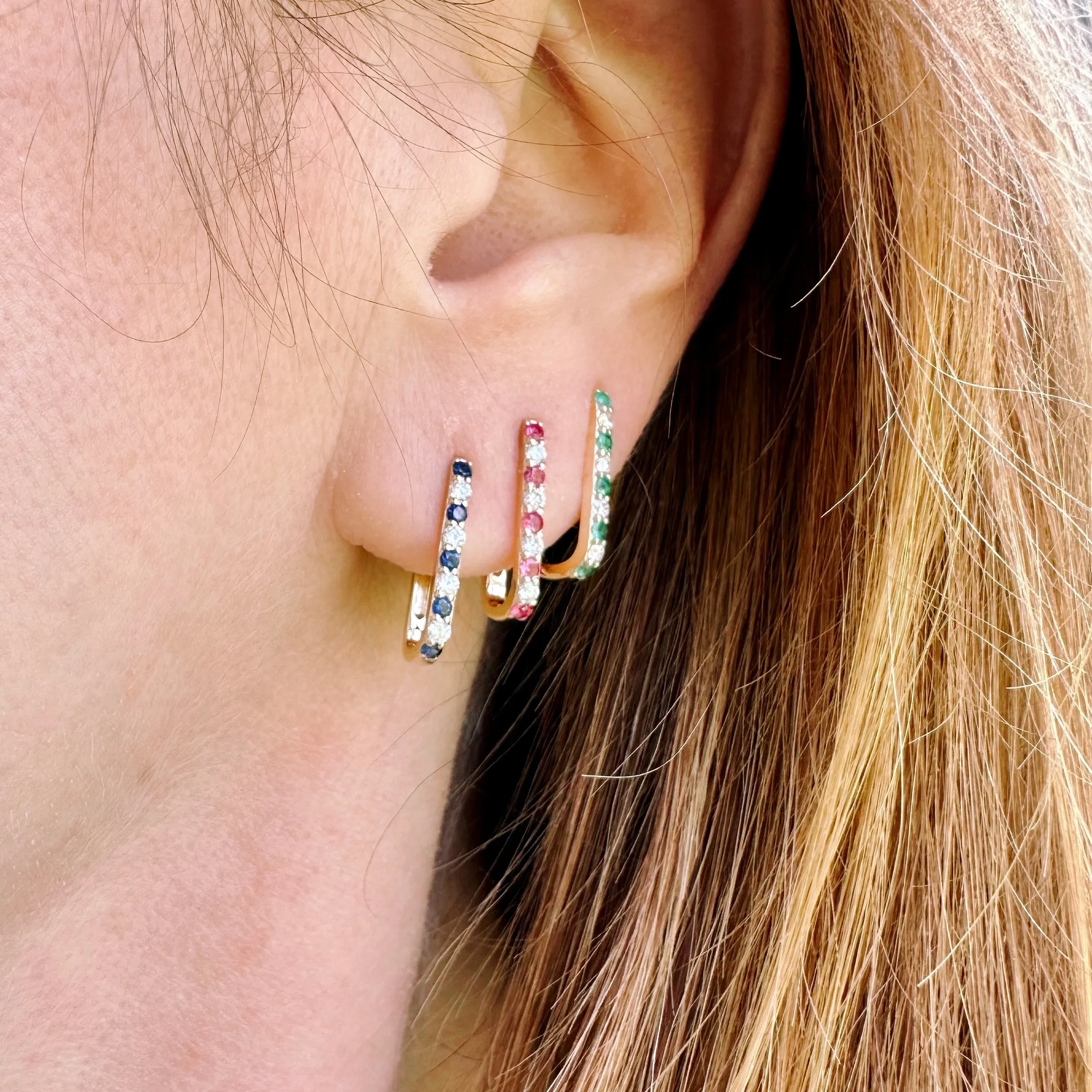 Diamond   Emerald Small Paperclip Hoop Earring