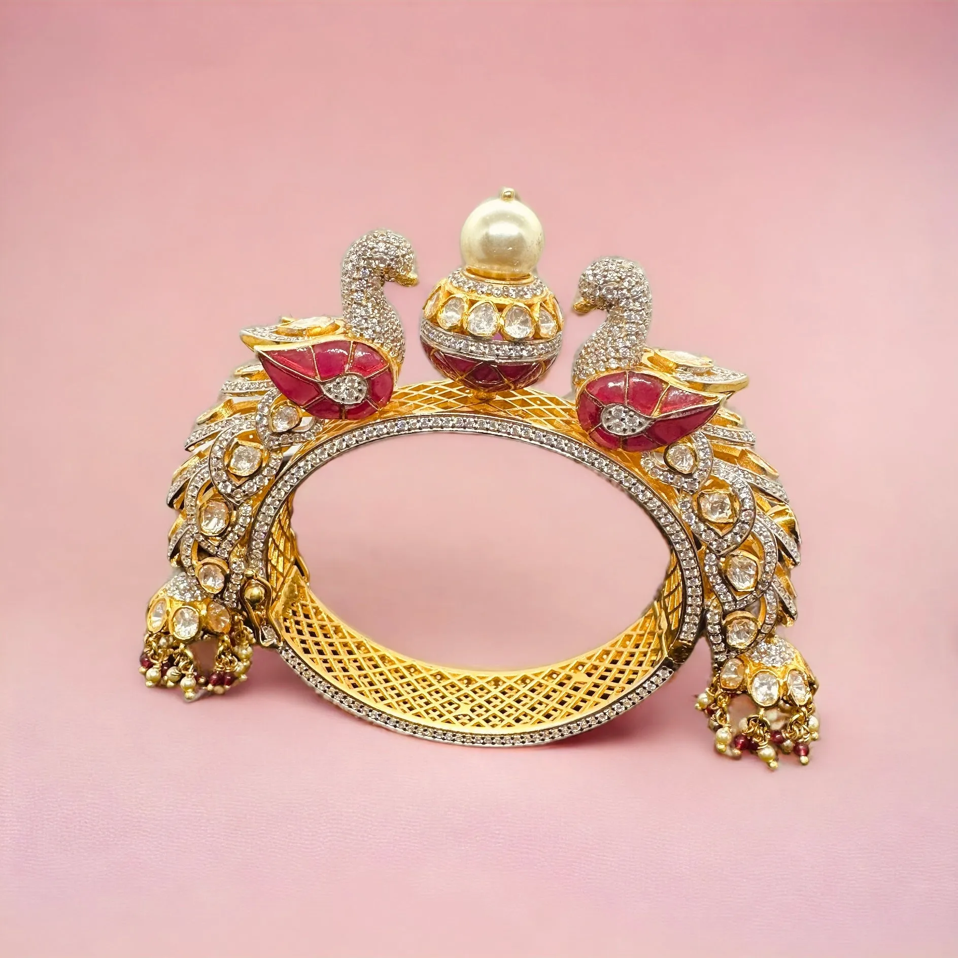 Enchanting Two Swan Polki Bangle with Pearl | 925 Sterling Silver | 18kt Gold Plated | Best Gift for Women |Jadau Jewelry