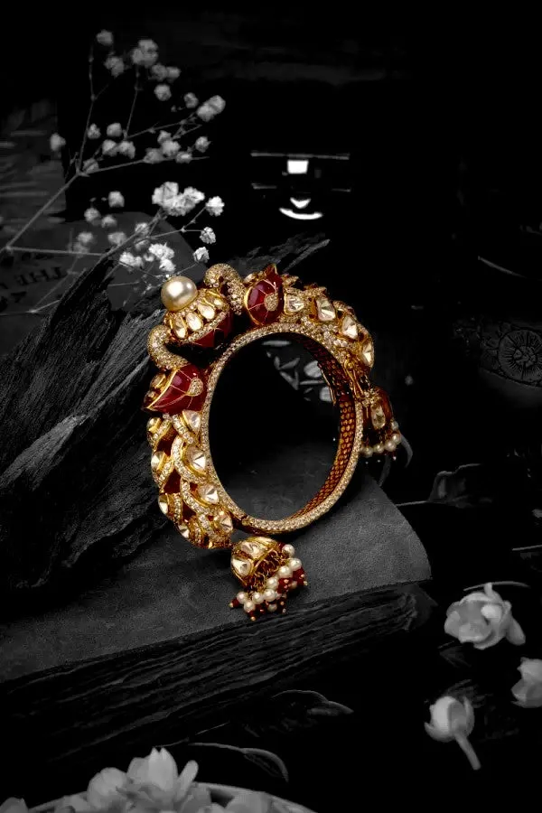 Enchanting Two Swan Polki Bangle with Pearl | 925 Sterling Silver | 18kt Gold Plated | Best Gift for Women |Jadau Jewelry