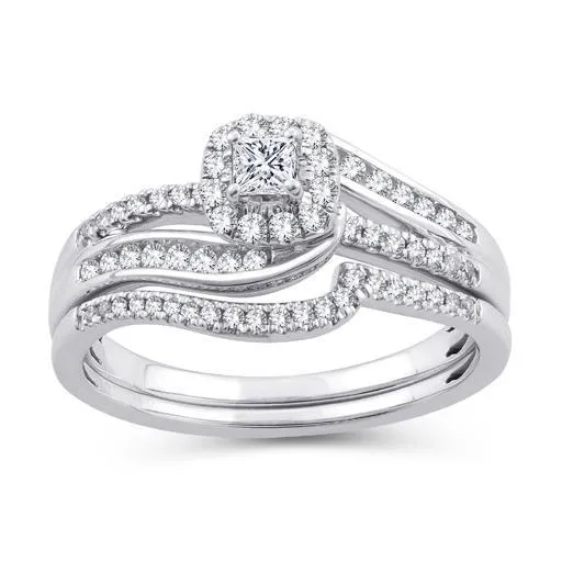 EternalDia 1/2 CT. T.W. Princess-Cut Diamond Bypass Halo Bridal Set 10K White Gold (IJ/I2-I3)