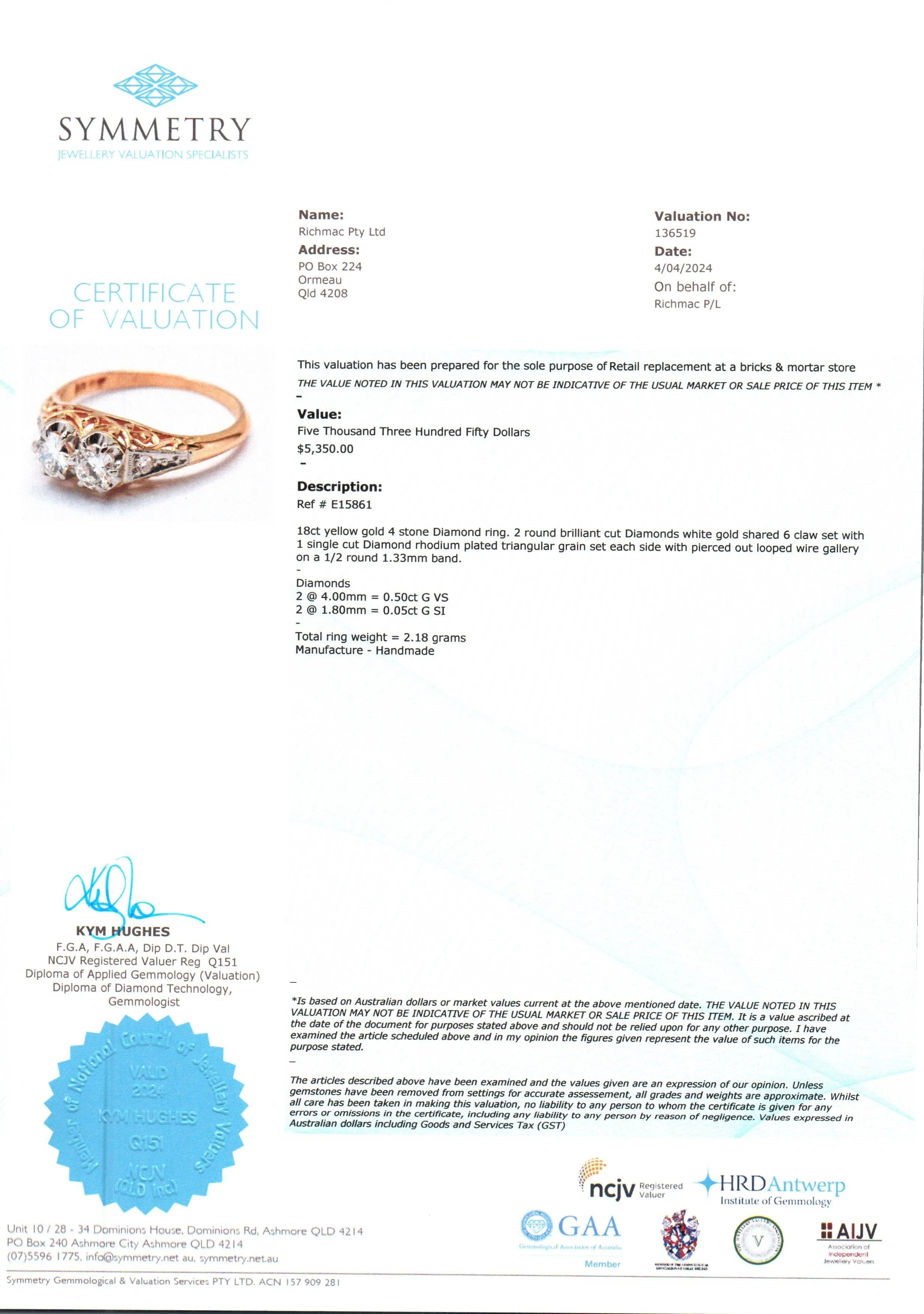 Exquisite 18ct Yellow Gold 4 Stone Diamond Ring