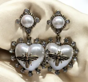 Fauna - Gold bee heart statement earrings with pearl| vintage style pearl rhinestone earrings | rhinestone dangle oversize earrings I